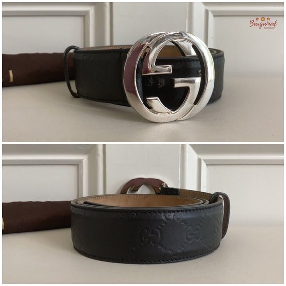 Authentic Gucci Black Guccissima Leather Silver Interlocking G Buckle Belt 95/38 - Picture 3 of 13